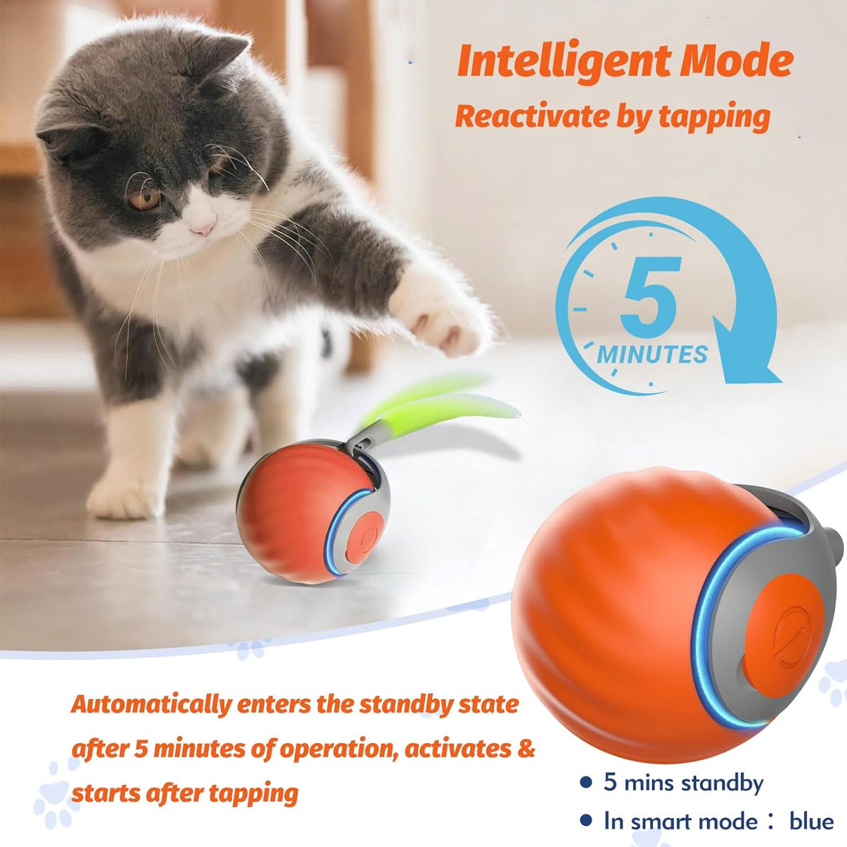 Upgraded Speedy Interactive Cat Ball 4.0 Toys with 2 Optional Tails, Smart Moving Ball Cat Toy for Bored Indoor Cats, Rechargeable & Detachable Automatic Kitten Rolling Balls Toy (Orange)