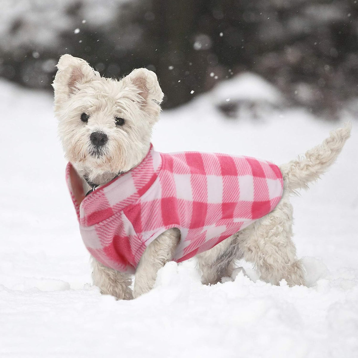 Kuoser Dog Fleece Vest,Warm Plaid Dog Sweater with Leash Hole,Soft Turtleneck Winter Pet Jacket Dogs Coat Pullover Clothes for Small Medium Dogs Cats,Spring Fall Cold Weather Christmas Outfit,Pink XS