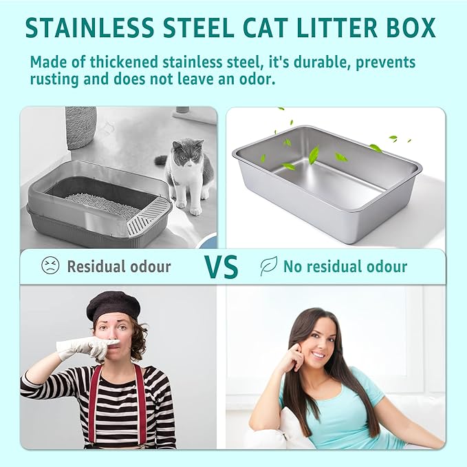 Stainless Steel Litter Box 2 Pack-XLarge Metal Litter Box-High Sided Cat LitterBox for Adult Big Cats, Stainless Steel Cat LitterBoxe 6IN Deep- Easy to Clean,Non Stick, No Smell