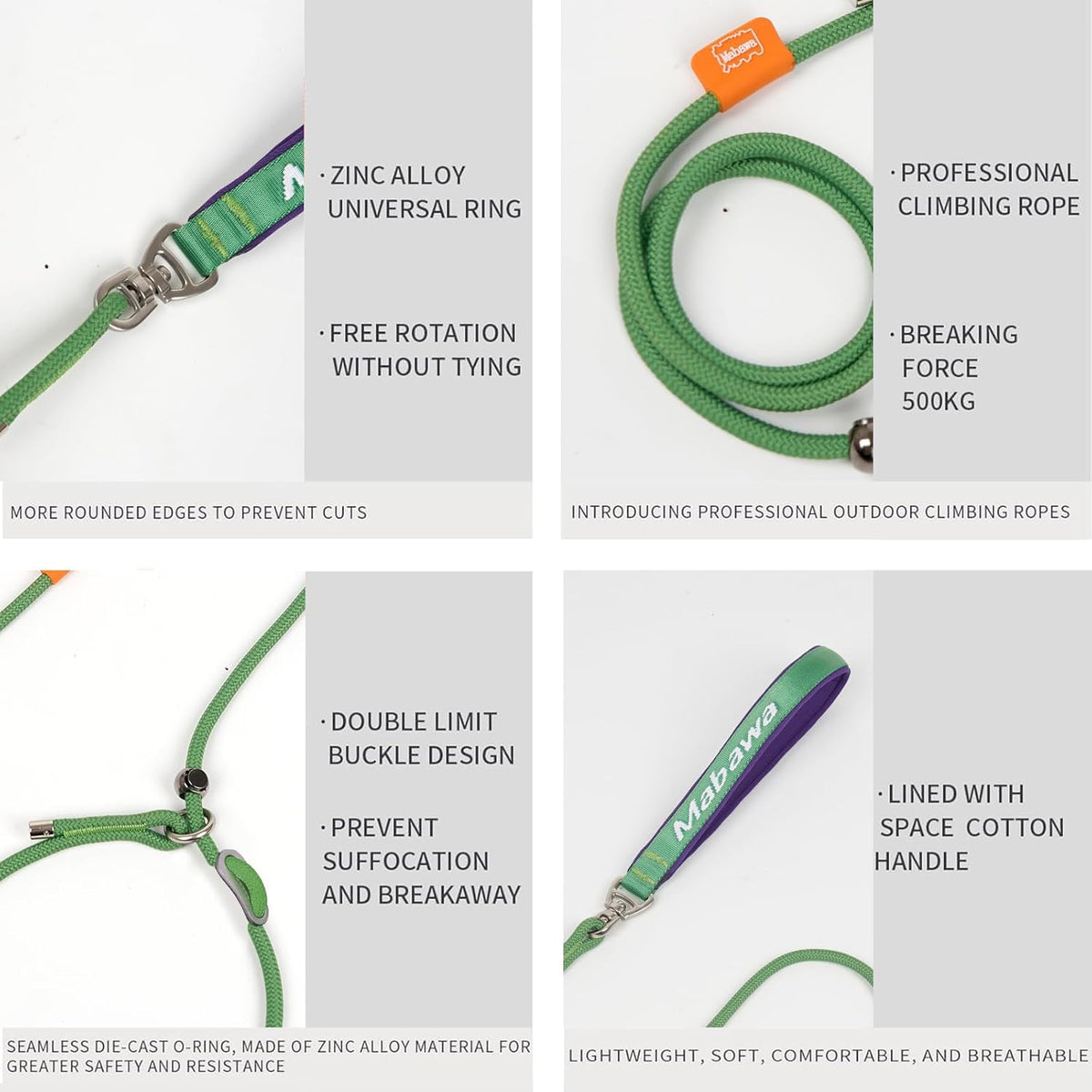 Dog Anti-Slip Leash 5FT with Metal Stopper - Durable No-Pull Training Lead for Small, Medium & Large Dogs - Comfortable Handle Nylon Rope, Tangle-Free Pet Walking Leash (Green, 5.6FT)