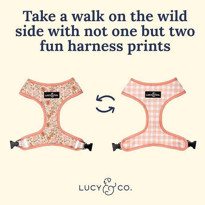 Lucy & Co. Cute Reversible Dog Harness Walking Halter - Best Designer Pet Harnesses for XS - XL Dogs - Padded Adjustable Vest for Easy Walking-Large-Peach Pink Floral Plaid