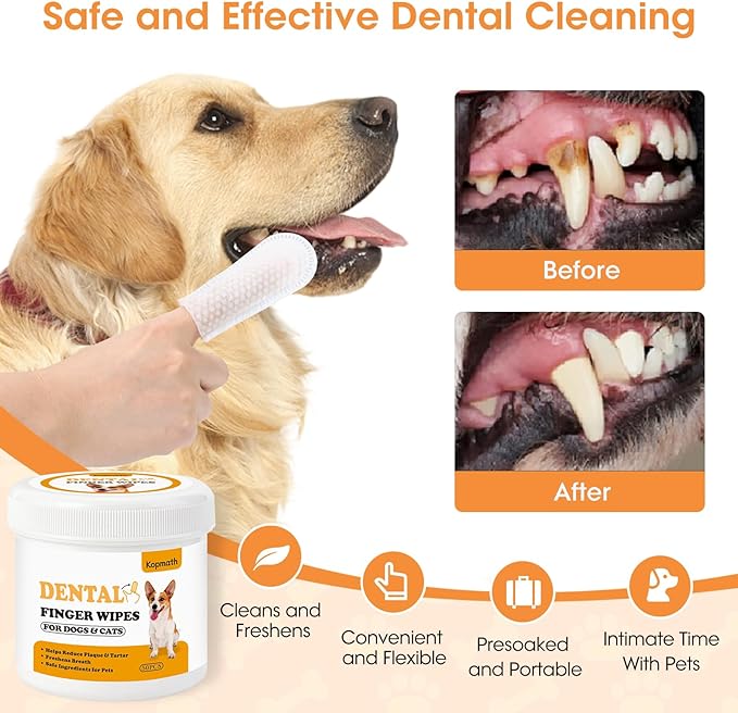 Dog Dental Wipes, Dog Teeth Cleaning Finger Wipes, Reduce Plaque & Tartar, Freshen Breath, Safe Natural Pet Dental Care Finger Wipes for Dog & Cat, Portable & Disposable Dog Tooth Wipes, 50 Ct