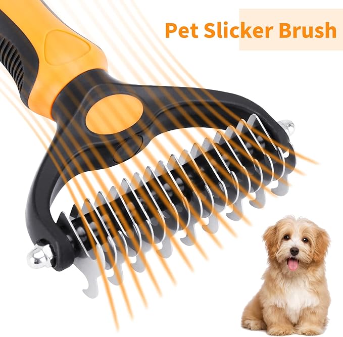 Pet Grooming Tool - 2 Sided Undercoat Rake for Cats and Dogs - Safe Dematting Comb for Easy Mats & Tangles Removing - No More Nasty Shedding and Flying Hair