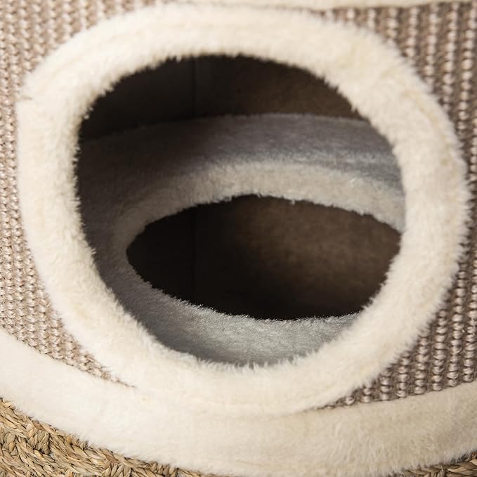 PawHut 28 Inch Cat Condo, 3 Story Cat Hideaway with Sisal Scratching Pad, Barrel Shaped Small Cat Tree for Indoor Cats, Khaki and Brown