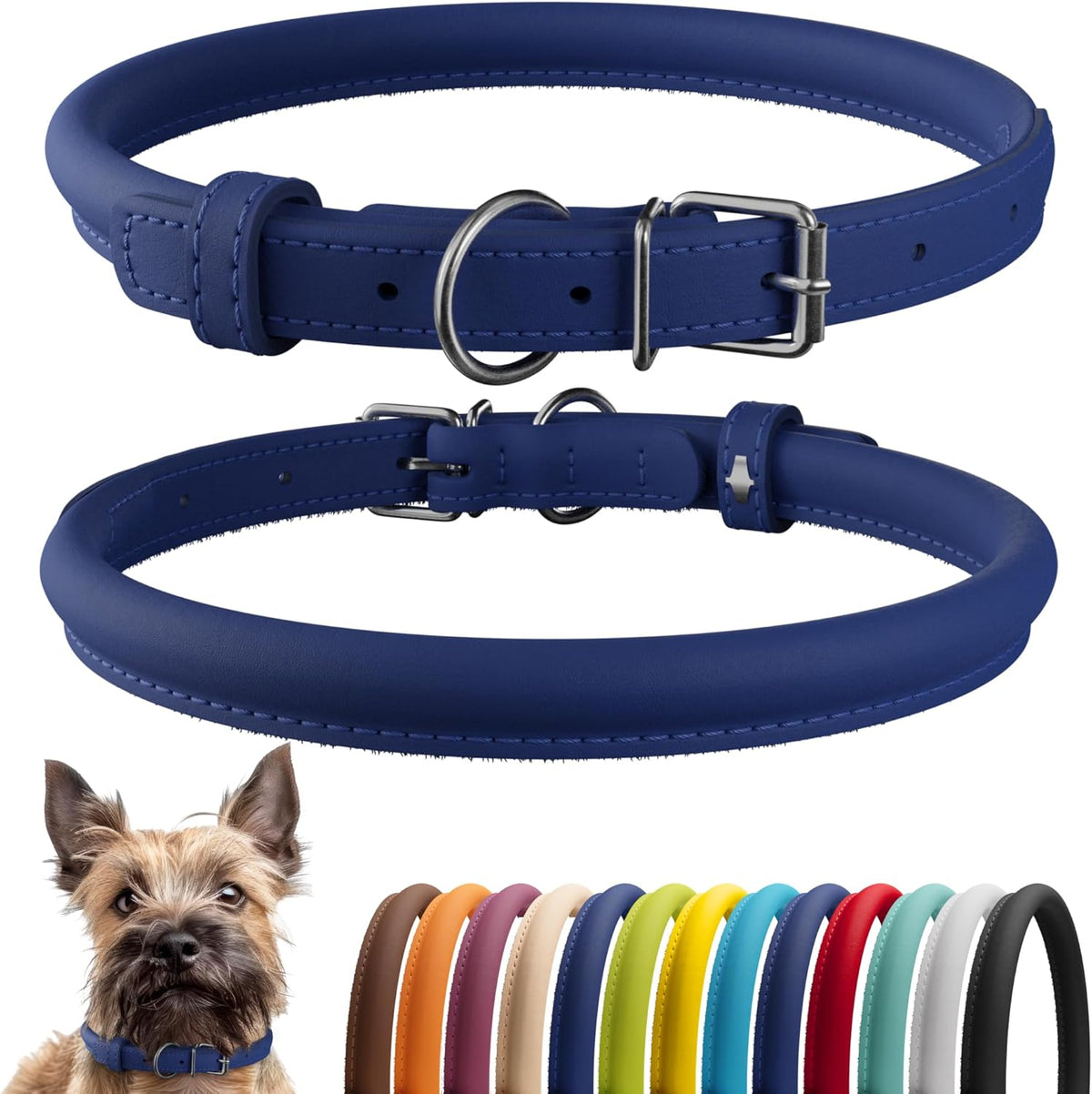 CollarDirect Rolled Leather Dog Collar, Soft Padded Round Puppy Collar, Handmade Genuine Leather Collar Dog Small Large Cat Collars 13 Colors (6 Inch, Deep Blue Smooth)