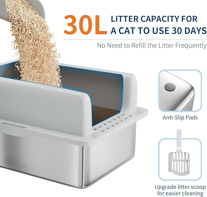 Stainless Steel Cat Litter Box 6 inch, XXL Large Cat Litter Tray with High Side, Platform Step and Scoop for Big Cats Multiple Cats, Easy Clean