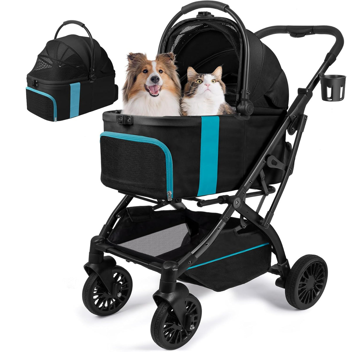 Dog Stroller, Cat Strollers, 5-in-1 Pet Stroller with Detachable Waterproof Carrier for Small/Medium Dogs Cats up to 55lbs, All-in-One Fold Without Detaching Carrier for Dogs Cats 10 lbs to 55 lbs