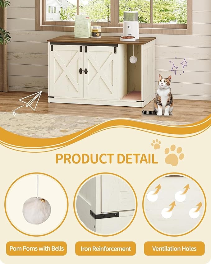 Cat Litter Box Enclosure, Hidden Litter Box Cabinet Furniture with Bell, Indoor Cats House, Farmhouse Style, 39.4 x 21.7X 24.8 Inches for Hallway, Bedroom, Rustic Brown and White CB85214X