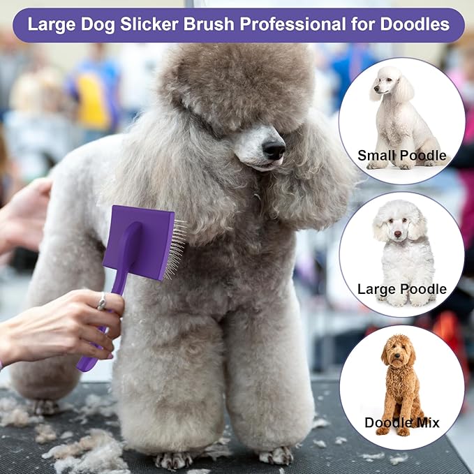 Slicker Brush for Long Haired Dog, Long Bristle Dog Brush, Professional Grooming Tool for Poodle, Goldendoodles, Labradoodles, Easy to Remove Loose Fur, Tangles, Mats, Fluff, Purple