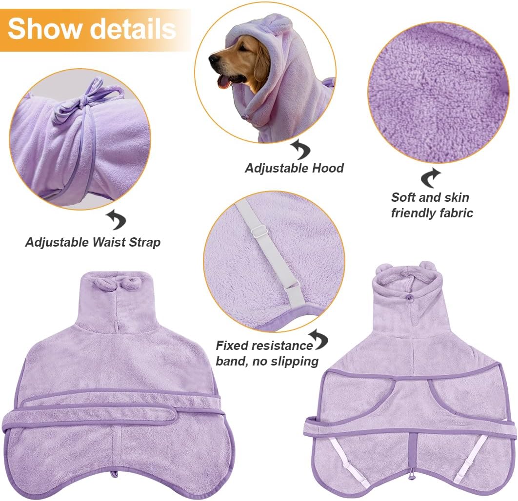 Medium to Large Size Dog Bathrobe, Quick Drying Super Absorbent Used for After Bathing, Warm Dog Towels, Adjustable Hoodies and Belts for Pet Dogs Bath Clothes Products (Purple, 3XL)