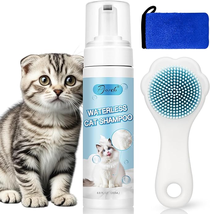 Waterless Cat Shampoo with Brush and Cloth, 6.8 FL OZ Cat Shampoo and Conditioner, Cat Dry Shampoo, No Rinse Formula for Quick Clean, Care for Cats and Kittens with Itching & Sensitive Skin