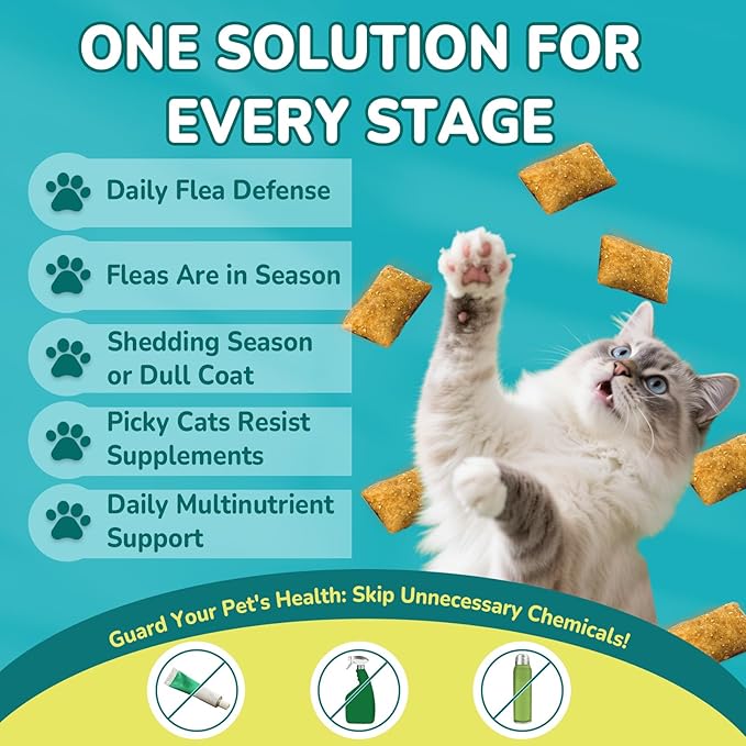 4-IN-1 Flea and Tick Prevention for Cats, 500 Crunchy & Creamy Chews, Cat Flea Treatment, Natural Oral Flea Treatment for Cats, Daily Support for Flea, Immune, Skin & Coat, Gut, Chicken Flavor