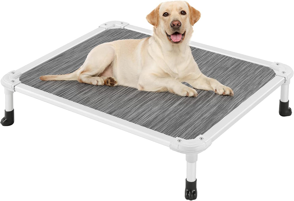Veehoo Chew Proof Elevated Dog Bed - Cooling Raised Pet Cot - Silver Aluminum Frame and Durable Textilene Mesh Fabric, Unique Designed No-Slip Feet for Indoor or Outdoor Use, Black Silver, Medium