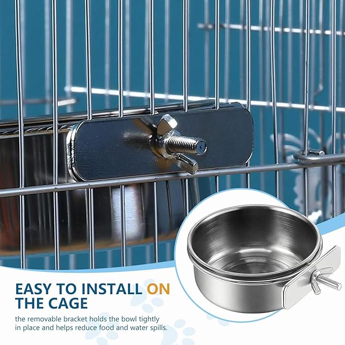 2Pcs Stainless Steel Bird Feeding Bowls, Small Bird Feeding Cup, Stainless Steel Parrot Food Bowl Cage with Holder, Parrot Cage Water Feeder, Pet Cage Cup Holder (Dia 4.72", 5.51",)