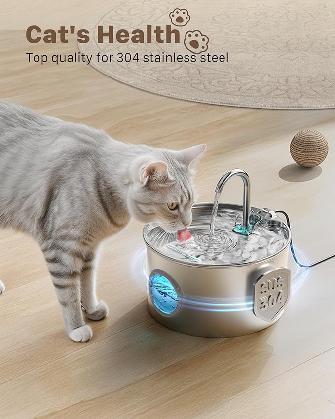 Cat Water Fountain Stainless Steel: Cat Fountain for Drinking - Pet Water Fountain for Cats Inside - 74oz/2.2L Quiet Cats Water Bowl Dispenser - Kitten Drinking Fountains - 6 Filters + 3 Sponges