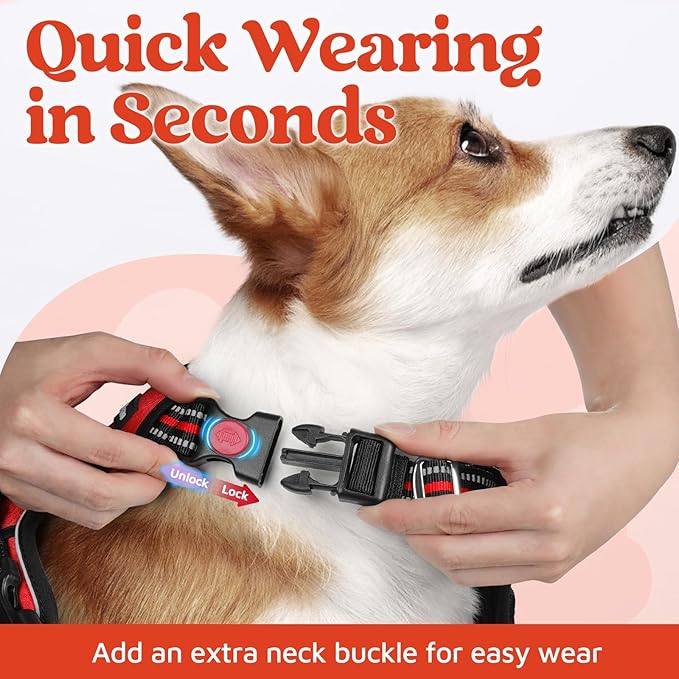 rabbitgoo Dog Harness for Large Dogs, No Pull Pet Vest with 3 Buckles, Adjustable Soft Padded Pet Harness with Easy Control Handle and Reflective Strips, Red, L