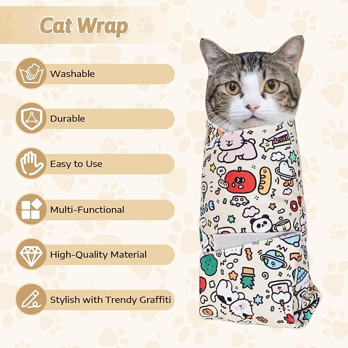 3-in-1 Cat Grooming Restraint Bag for Nail Trimming, Ear Cleaning & Medicine - Escape-Proof Design with Anti-Scratch Lining, Calming Pressure - Fits Cats & Kittens Up to 15lbs