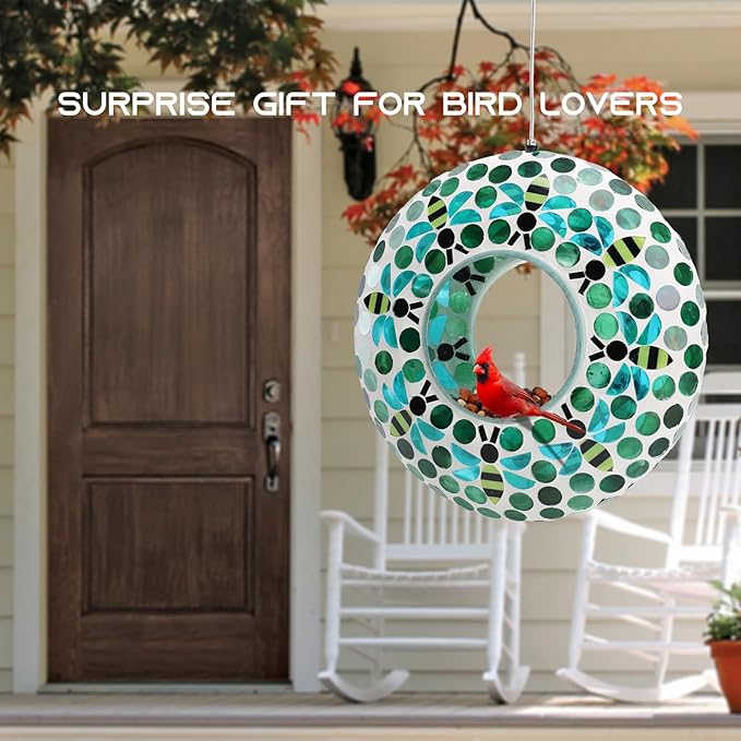 Yinns Bird Feeder - Fly Through Hanging Glass Large Bird Feeders for Outdoors Circle Wild Bird Mosaic Feeders Seed Container 9 inch