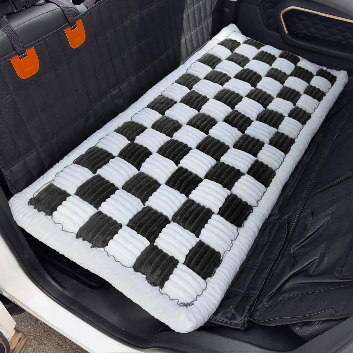 Dog Car Seat Cover for Back Seat, Plaid Backseat Pet Bed Mat, Non-Slip Travel Dog Bed for Backseat Extenders, 24.8" x 54", Black and White