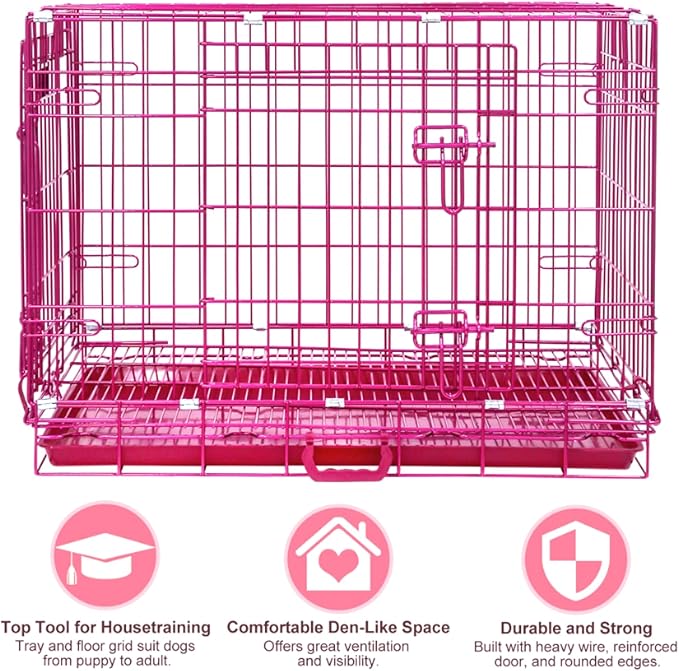 HOMEY PET 30 Inch Pink Dog Crate, Cute Dog Cage Medium Sized Collapsible Small Dog Kennel Indoor Nano-Coated Metal Wire Dog Crate with Removable Floor Grid Tray, Double Doors Dual Locks, Handle