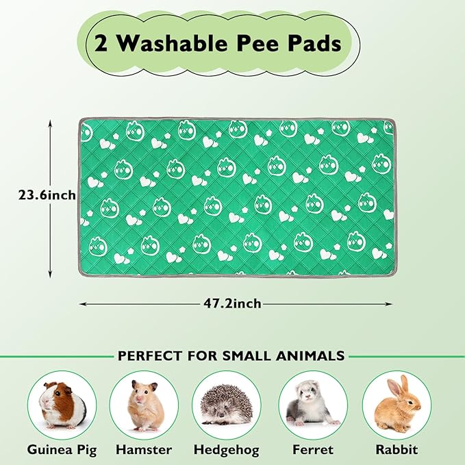 2 Pack Guinea Pig Bedding - Washable Guinea Pig Liner for Midwest Cage, Waterproof Reusable & Anti Slip Pee Pads Super Absorbent Mats for Small Animals Rabbit Hamster Rat (Green, 48 x 24 Inch)