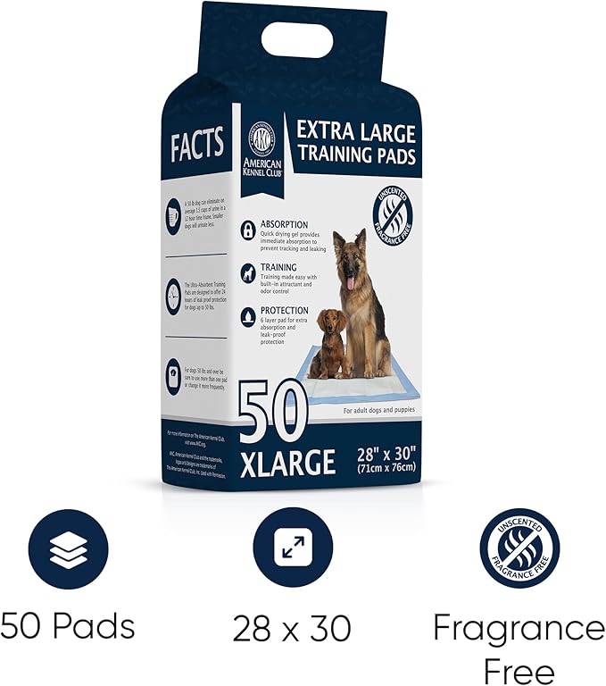 American Kennel Club Puppy Training Pads with Ultra Absorbent Quick Dry Gel – 28 x 30 Pee Pads for Dogs - 50 Count , XL(Unscented)