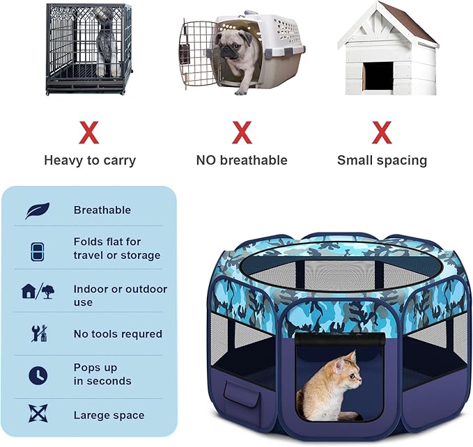 Dog Playpen, Pet Playpen, Portable Cat Playpen, Pop Up Foldable Puppy Playpen Exercise Kennel Tent with Carry Case Collapsible Bowl,Water-Resistant Shade Cover for Outdoor Indoor Travel (Large)