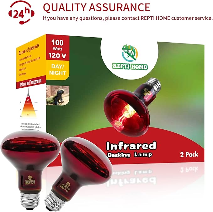 Reptile Heat Lamp Bulbs,Infrared 100W Reptiles & Amphibians Basking Spot Lamp Bulb, 2 Packs Red Heat Emitter Light for Chickens Coop
