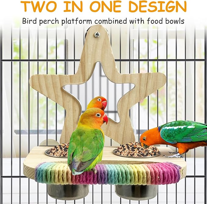 Tfwadmx Bird Parrot Wooden Feeding Cups Small Bird Feeding Dish Cups Stainless Steel Birds Bowls Food Water Bowls with Food Holder for Cockatiel Lovebirds Parakeet Finches