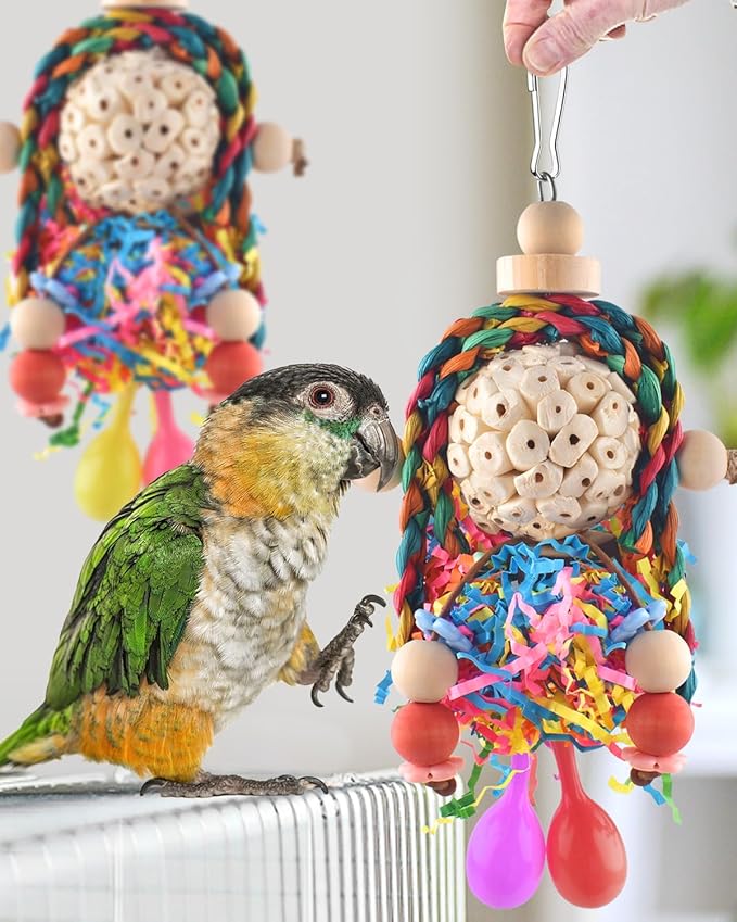 Bissap Conure Toys, 2PCS Bird Parrot Foraging Shredder Hanging Toys Sola Balls with Sand Hammer for Small Parrots Parakeets Conures Cockatiels Love Birds Cage Toy