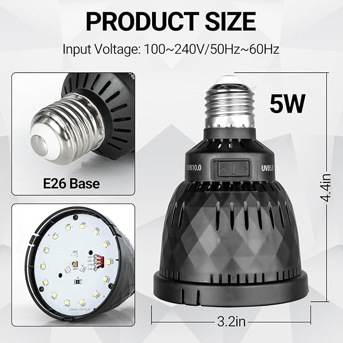 REPTI ZOO UVB Light Bulb for Reptile, 5.0 & 10.0 UVB UVA Reptile Light Bulb for Bearded Dragon Lizard Tortoises Snake Chameleon, Full Spectrum Sun Lamp Energy-Efficient & Natural Sunlight Simulation