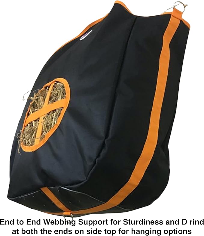 Majestic Ally Nylon Hay Feeder Tote Bag for Horse, Goat, Sheep - Double Sides Open Feed Hole with Faux Leather Ventilated Bottom- Premium Quality -Simulates Grazing - Reduces Waste (Black)