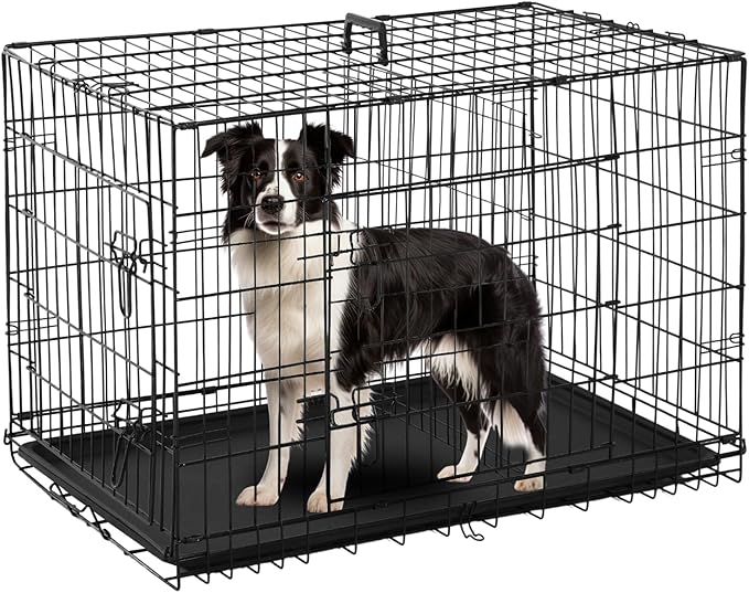 PayLessHere Large Dog Crate Kennel for Medium Large Dogs Metal Dog Cage Double-Door Folding Travel Indoor Outdoor Puppy Playpen with Divider and Handle Plastic Tray (36 Inch, Black)