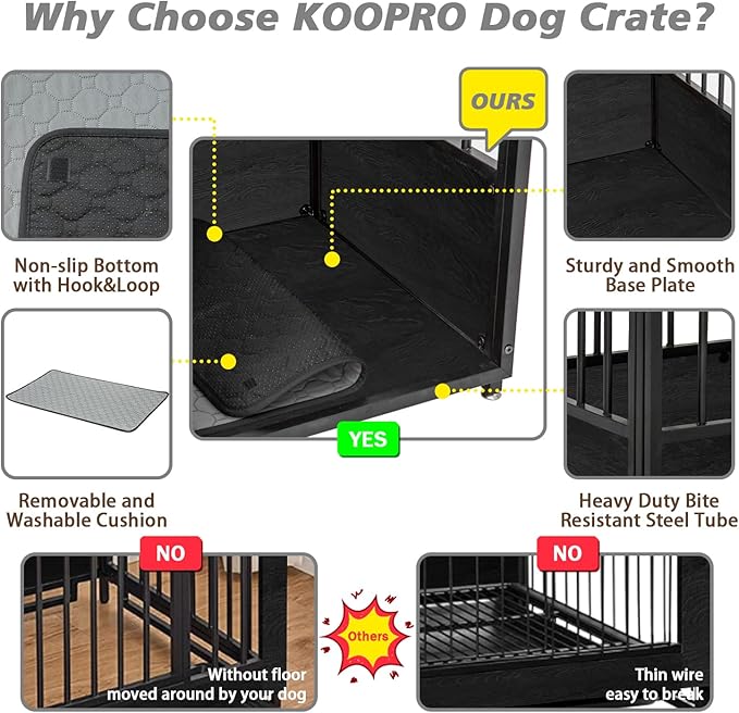 KOOPRO 40 Inch Dog Crate Furniture with Cushion for Small Medium Dogs, Wooden Heavy Duty Dog Kennel with Double Doors, Decorative Pet House Dog Cage Side End Table Indoor, Sliding Door Chew-Resistant