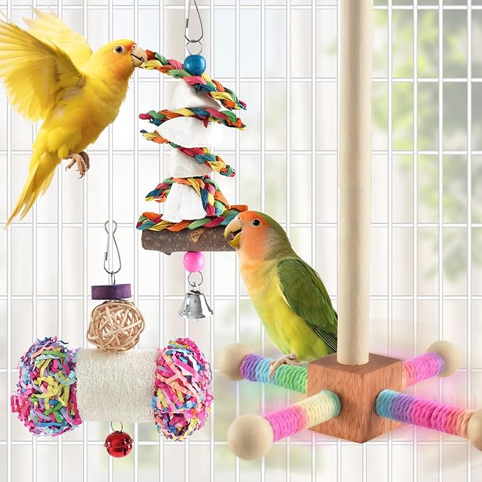 Bird Perch Toy, Interactive Spinning Parakeet Parrot Toys with Chew Toy, Parakeet Cage Accessories for Small and Medium Parrots, Enrichment Cockatiel Toys for Birds Cage