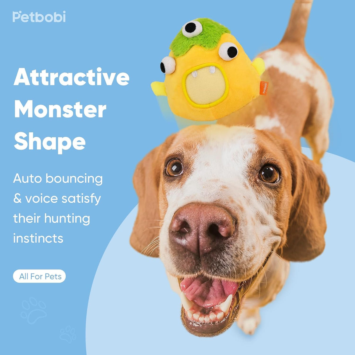 Petbobi Interactive Dog Toys for Boredom - Moving Dog Toy for Stimulating Play, Pet Plush Squeaky Ball for Small Medium Breeds with 4 Batteries, Sunny Boy Bobby