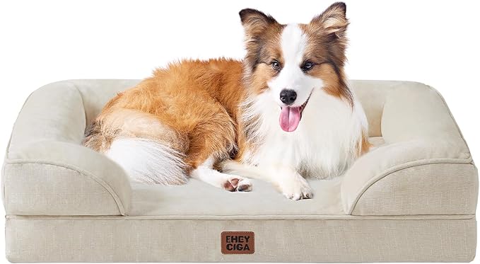 EHEYCIGA Orthopedic Dog Beds for Large Dogs, Waterproof Memory Foam Large Dog Bed with Sides, Non-Slip Bottom and Egg-Crate Foam Pet Couch Bed with Washable Removable Cover, Beige