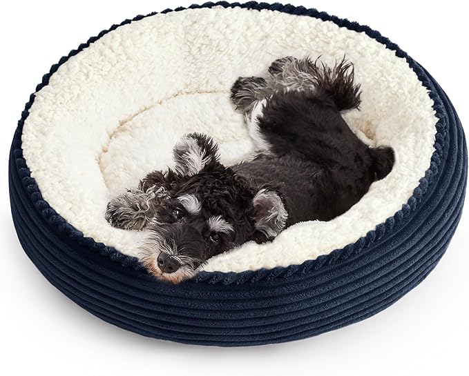 Love's cabin Round Donut Cat and Dog Cushion Bed, 25in Pet Bed for Small or Medium Dogs, Anti-Slip & Water-Resistant Bottom, Soft Durable Fabric Pet Beds, Washable Calming Cat Bed Navy Stripe