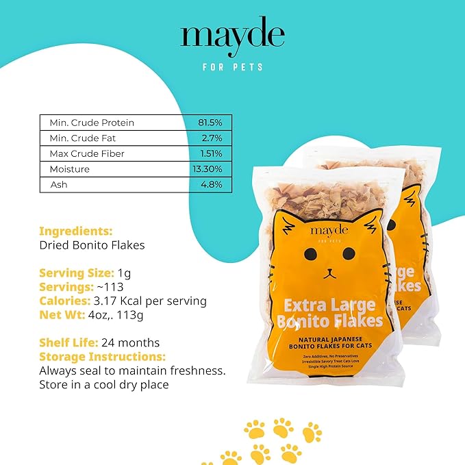 Mayde Bonito Flakes for Cats & Dogs, All-Natural High-Protein Treats, Extra Large 4oz Bag, 3-Pack
