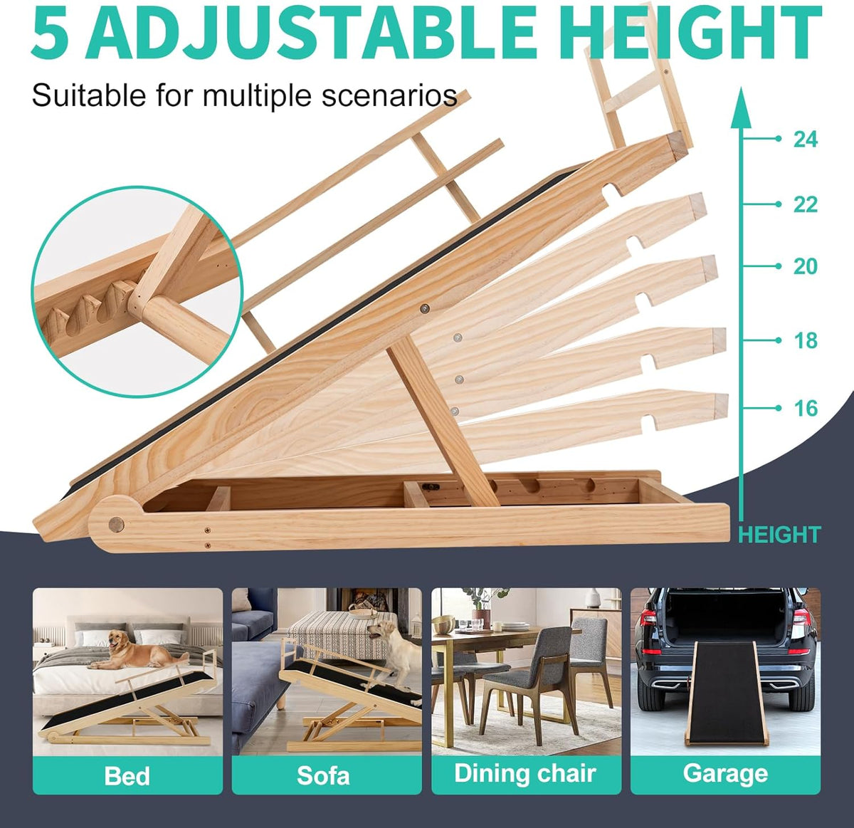 Dog Ramp, 5 Level Adjustable Wooden Folding Pet Ramp for Middle Bed, Couch,SUV-High Traction, Portable Paw Ramps for Small & Large Old Dogs & Cats - Furniture Quality