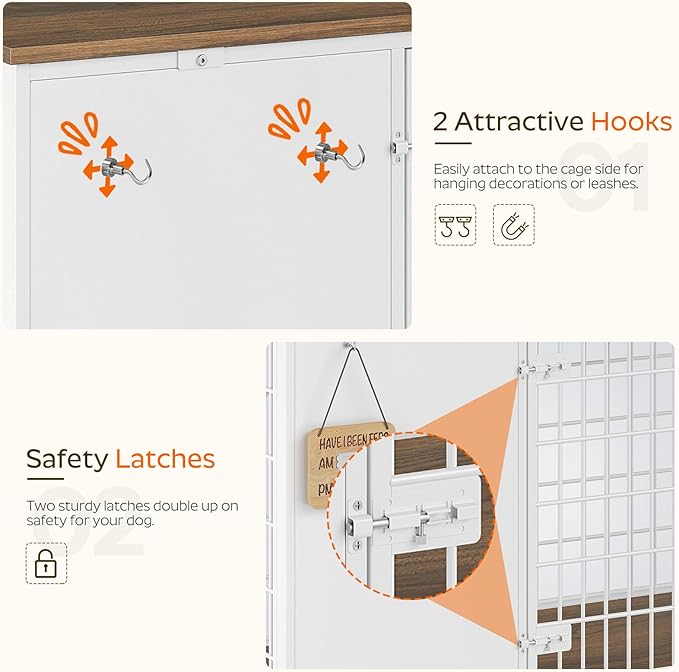 Foldable Dog Crate Furniture, 47.2" Dog Crate with DIY Frame, Heavy Duty Dog Kennel Indoor with Hooks, Wooden Dog Cage End Table, for Small/Medium/Large Dogs, White DC120WH