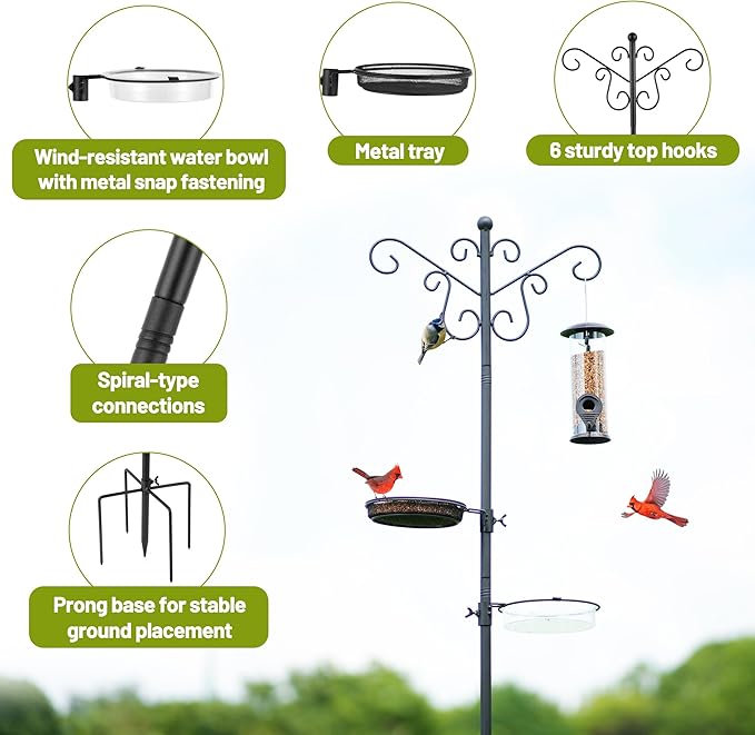 MIXXIDEA Bird Feeding Station Bird Feeder Pole with 5-Prong Base Hanging Hooks Water Bath Mesh Tray Wind-Resistant Water Bowl with Metal Snap Fastening for Outdoors to Attract Wild Birds