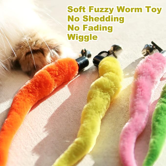 10PCS Cat Worm Toy for Cats, Cat Wand Toy Accessories, Cat Feather Toy Attachments Replacements, and 1PC Black String for Cat Fishing Pole Toy, Assorted Worm Cat Toy Teaser for Indoor Cats Kitten