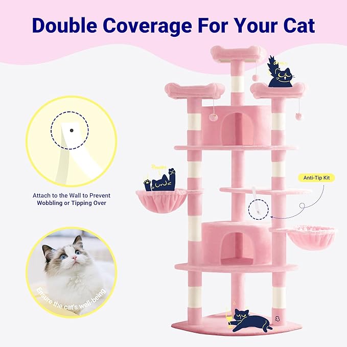 Allewie 73in Fan-Shaped Space-Saving Corner Cat Tower/Multi-Level Tall Cat Tree for Indoor Kitties/Cozy Baskets/Condos/House/Perches/Sisal Scratching Posts/Pet Activity Center/Pink
