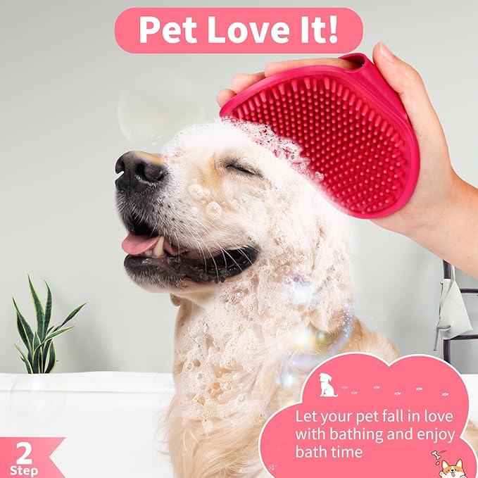 Comotech 6PCS Dog Bath Brush & Dog Toothbrush | Adjustable Handle Shampoo Brush & Scrubber for Short & Long Haired Dogs & Cats | Effectively Solve Odor & Stain Removal Problems (Pink Red Pink)
