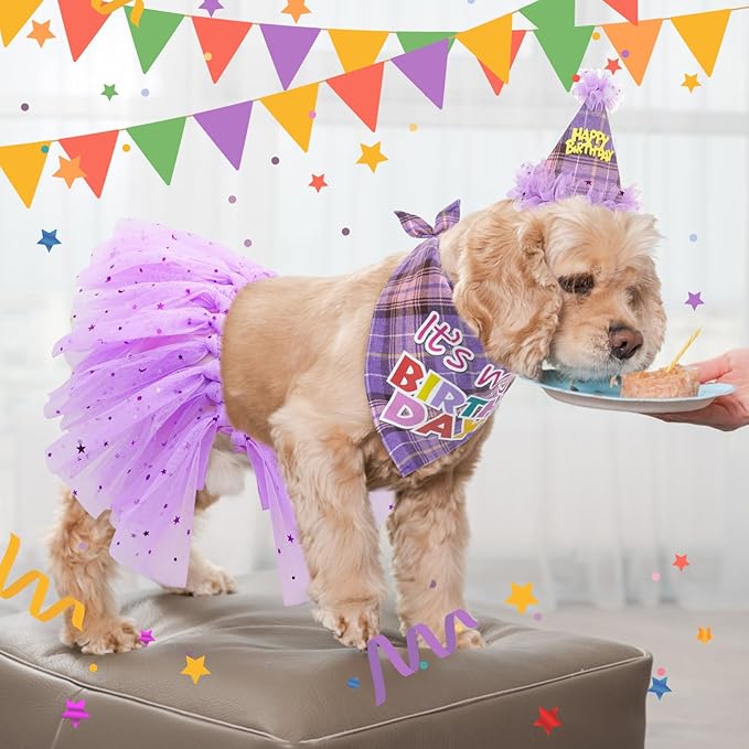 SCENEREAL Dog Birthday Bandana Hat with Dress Girl Set Party Supplies Plaid Puppy Birthday Outfit Cute Dog Tutus for Small Medium Lage Dogs, Purple Plaid