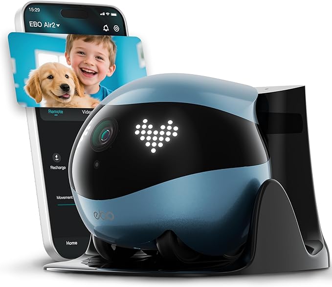 Enabot EBO Air 2 FamilyBot Indoor Security Camera Robot: 2K Pet Camera, Movable Home Robot, Custom Facial Expression, Auto-Recharge, Battery-Operated, 2-Way Talk, Night Vision(Jay Blue)