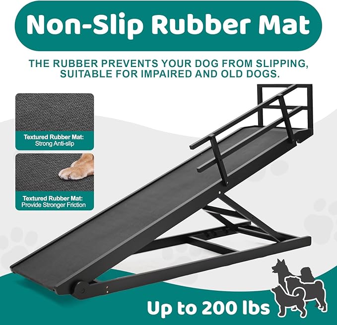 Dog Ramp for Bed, Adjustable Pet Ramps for Dog to Get on Bed, Non-Slip Rubber Surface - Folding Wooden Dog Ramp for Small/Large/Old Dogs, Adjustable up to 31 inch High Beds, Safety Railings