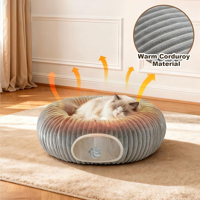 Cat Tunnel Bed for Indoor Cats, Peekaboo Cat Cave Bed,Soft Cat Donut Tunnel for Kitten Large Cats, Cat Tunnel Christmas Tree Skirt, Grey