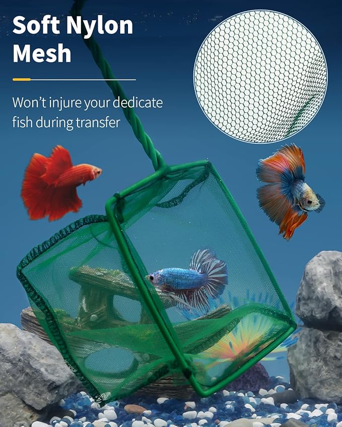 Pawfly Aquarium Fish Net with Braided Metal Handle Square Net with Soft Fine Mesh Sludge Food Residue Wastes Skimming Cleaning Net for Fish Tanks Small Koi Ponds and Pools